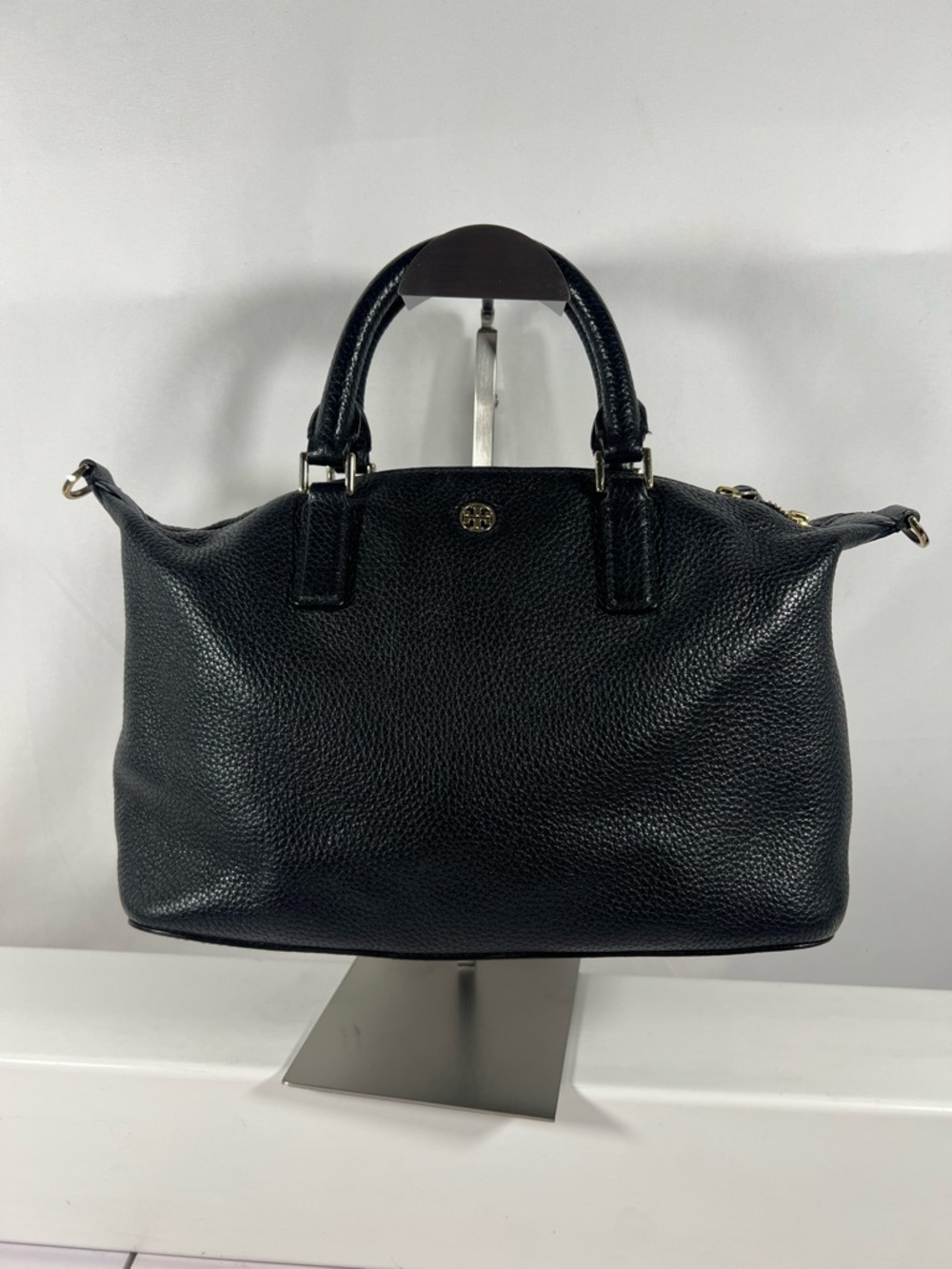 4071: Tory Burch Black Pebbled Leather Satchel Shoulder Bag